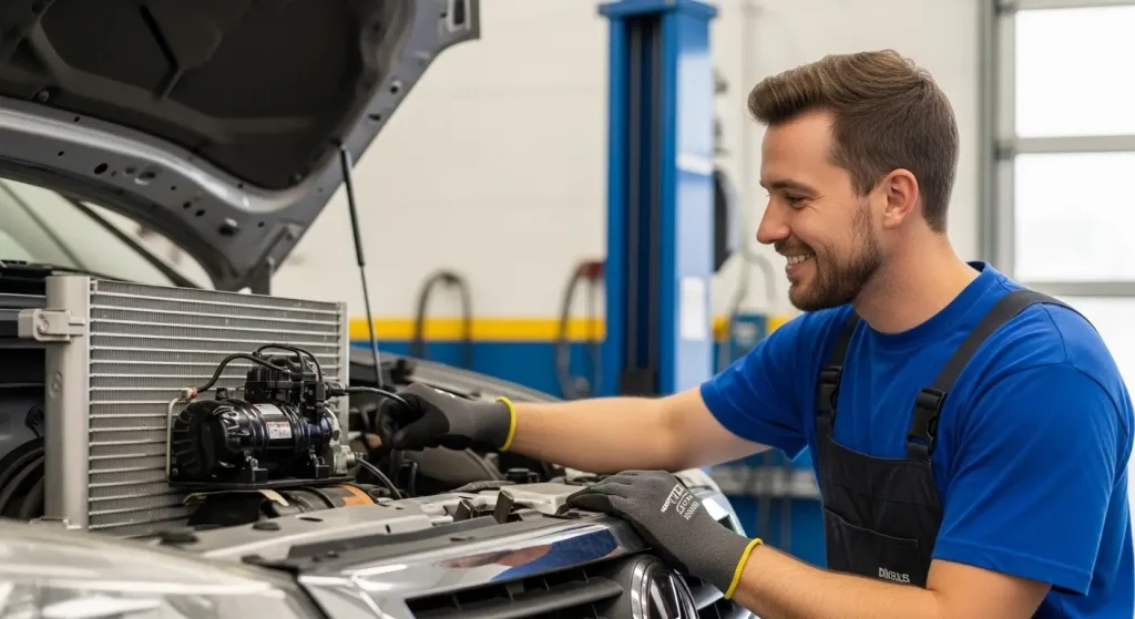 Technician diagnosing car air conditioning system in a Morley workshop car A/C repair and re-gas.