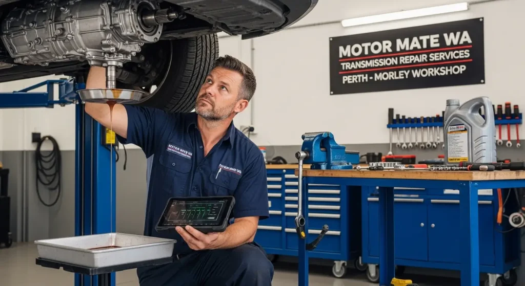 Technician diagnosing a car transmission in a Morley workshop