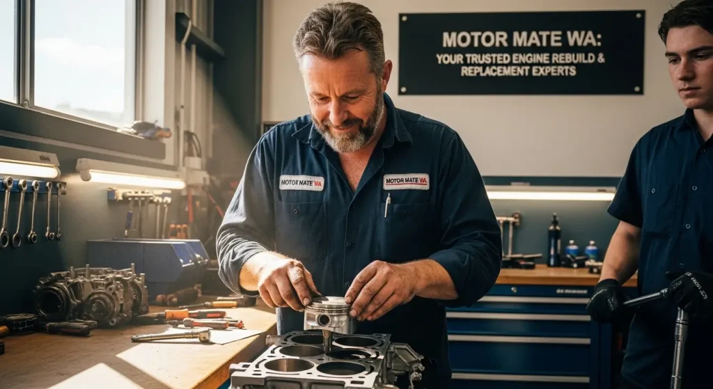 Mechanic performing engine rebuild and inspection in a Morley workshop engine rebuild replacement Morley.