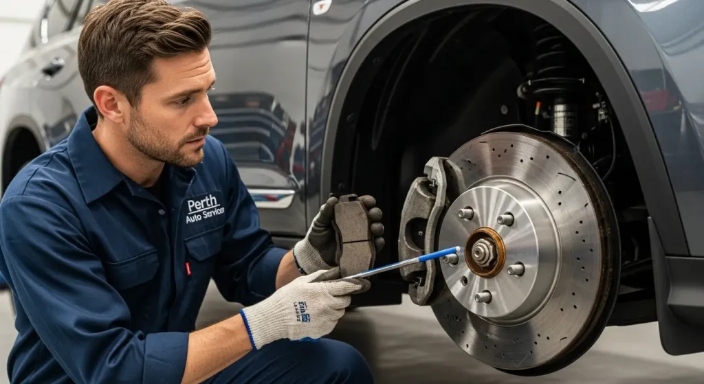 Mechanic inspecting grinding brakes in Morley – Brake Repair Service