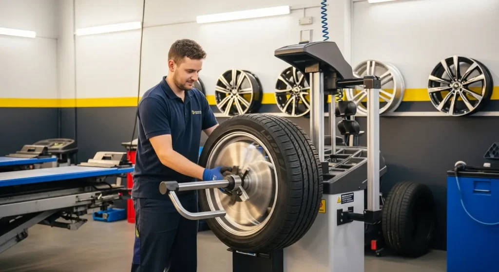 Professional mechanic performing wheel balancing in a modern auto workshop in Morley, Perth – Wheels and Tyres Morley.