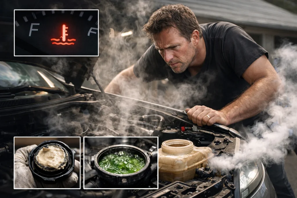Professional car mechanic inspecting engine for signs of blown head gasket