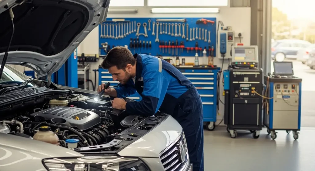 Professional car mechanic in Morley inspecting engine for signs of blown head gasket