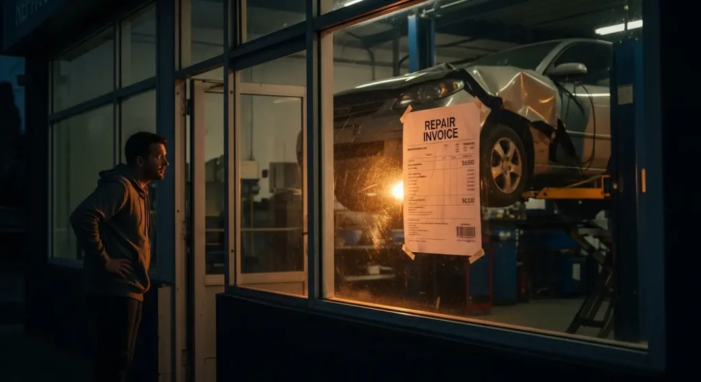 Can a mechanic hold my car for payment - frustrated car owner outside a locked auto repair shop staring at their car through the glass window