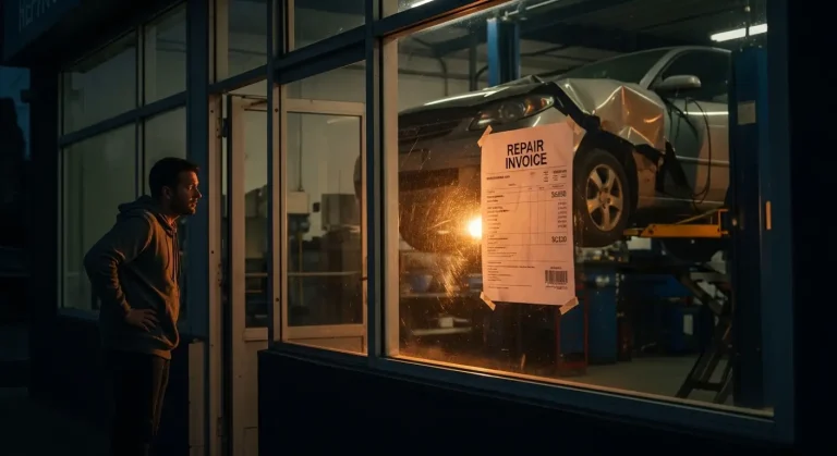 Can a mechanic hold my car for payment - frustrated car owner outside a locked auto repair shop staring at their car through the glass window