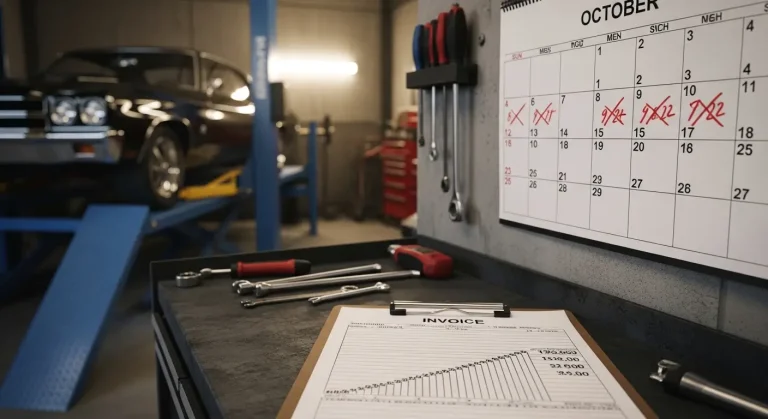 A garage calendar with days crossed off, a car on a hoist in the background, and a growing invoice on a clipboard showing mechanic storage fees for holding a car
