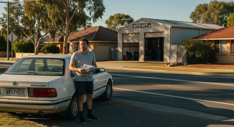 Can I drive an unregistered car to the mechanic in WA, stressed car owner holding permit documents beside unregistered car in Western Australian suburb