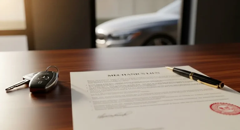 Alt Text: A mechanics lien legal document on a wooden desk with car keys, showing when a mechanic hold my car under mechanics lien rules in WA.