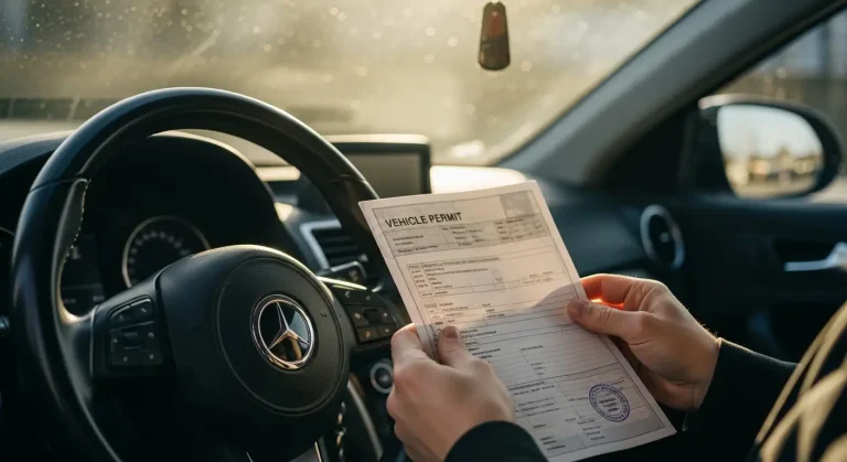 Person holding a permit for driving unregistered vehicle beside a car steering wheel in morning sunlight